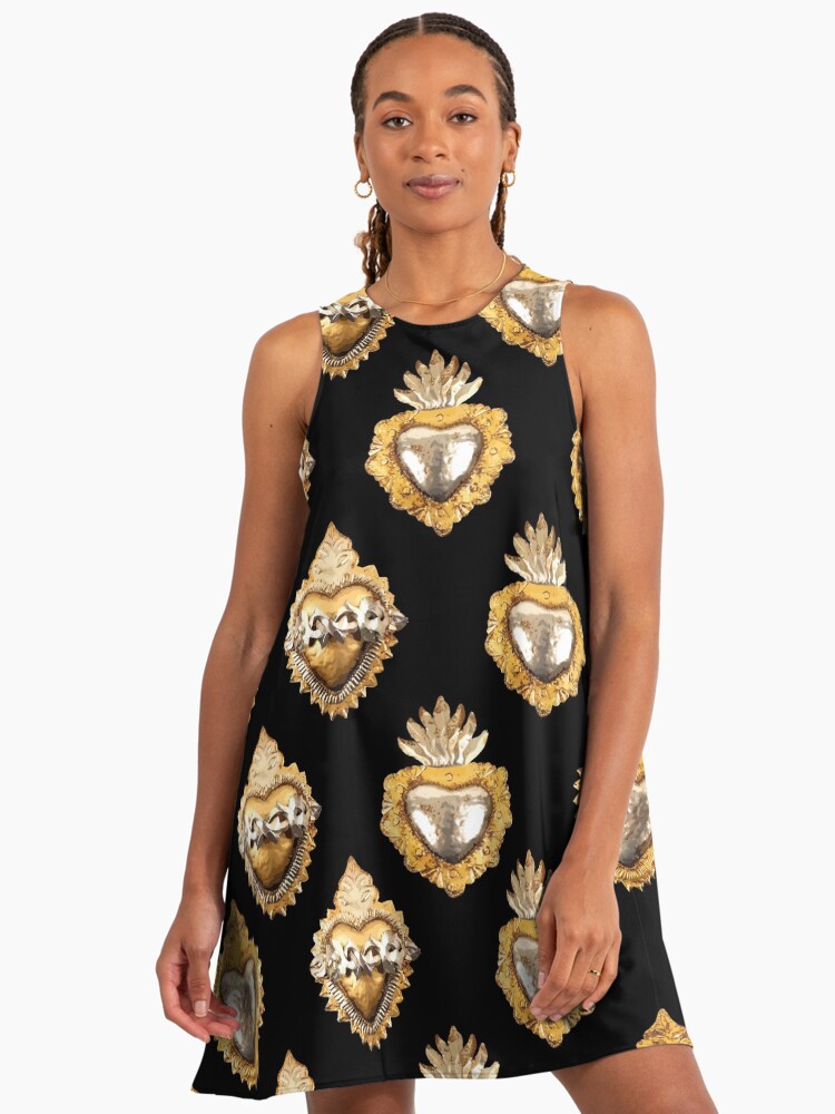 Mexican golden silver sacred heart oaxaca tin folk art black elegant metallic seamless pattern" A-Line Dress by T-Mex | Redbubble Mexican golden silver sacred heart oaxaca tin folk art black elegant metallic seamless pattern" A-Line Dress by T-Mex | Redbubble