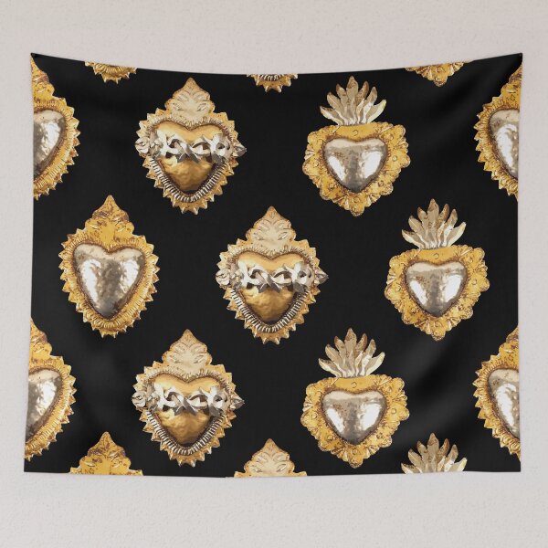 Item preview, Mexican golden silver sacred heart oaxaca tin folk art black elegant metallic seamless pattern designed and sold by T-Mex.