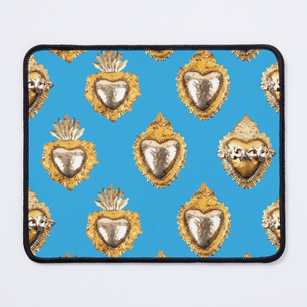 Item preview, Mexican golden silver sacred heart oaxaca tin folk art blue elegant metallic seamless pattern designed and sold by T-Mex.