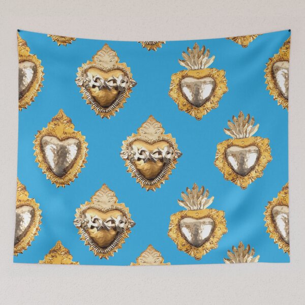 Item preview, Mexican golden silver sacred heart oaxaca tin folk art blue elegant metallic seamless pattern designed and sold by T-Mex.