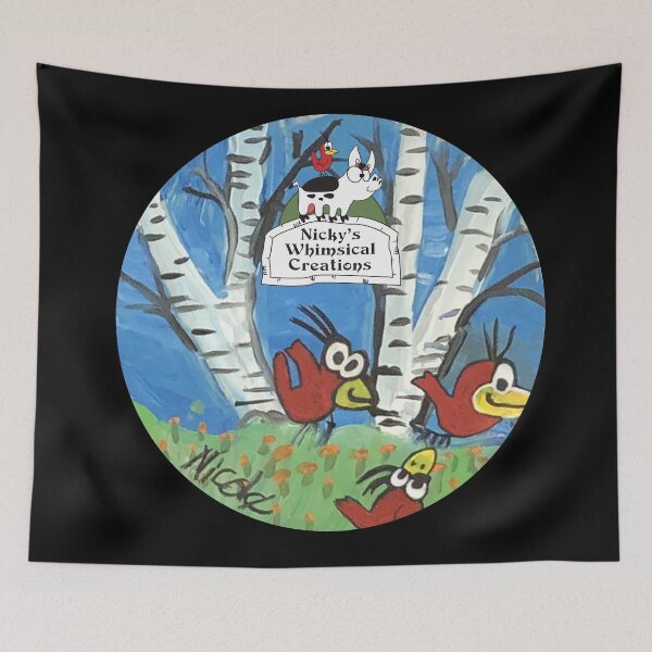 Item preview, Red birds playing in birch tree with flowers + logo designed and sold by NickysWhimsical.
