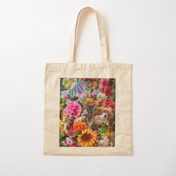 Pomeranian dog in a stroller wearing goggles surrounded by colorful flowers | Seattle Cotton Tote Bag