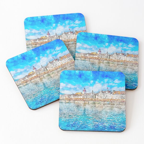 Item preview, Old Tower and Bridge at Lucerne Switzerland Watercolor Art Illustration designed and sold by KawaiiTops.
