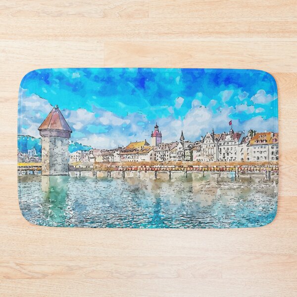 Item preview, Old Tower and Bridge at Lucerne Switzerland Watercolor Art Illustration designed and sold by KawaiiTops.