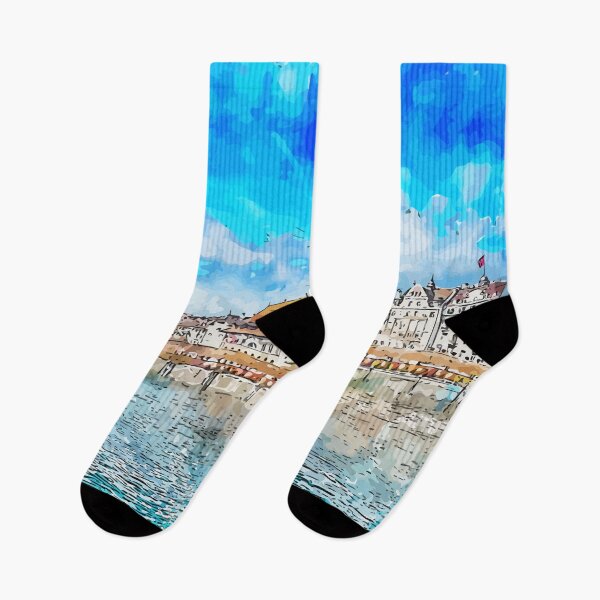 Item preview, Old Tower and Bridge at Lucerne Switzerland Watercolor Art Illustration designed and sold by KawaiiTops.