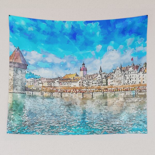Item preview, Old Tower and Bridge at Lucerne Switzerland Watercolor Art Illustration designed and sold by KawaiiTops.