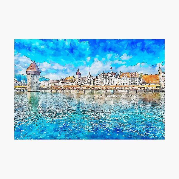 Item preview, Old Tower and Bridge at Lucerne Switzerland Watercolor Art Illustration designed and sold by KawaiiTops.