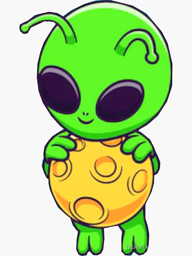 Cute Baby Alien Playing With The Moon Vector Cartoon Sticker For