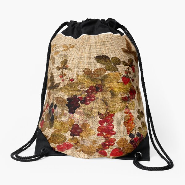 French Cretonne with Forest Fruits Pattern Drawstring Bag