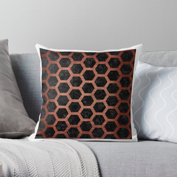 HEXAGON2 BLACK MARBLE AND COPPER BRUSHED METAL Throw Pillow