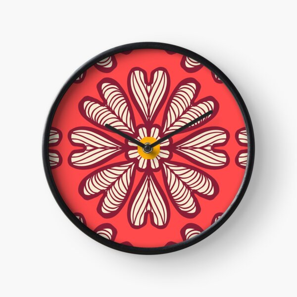 Retro 1970s style hand drawn geometric flowers with stripes in dark red and yellow circles on a bright vintage red background Clock