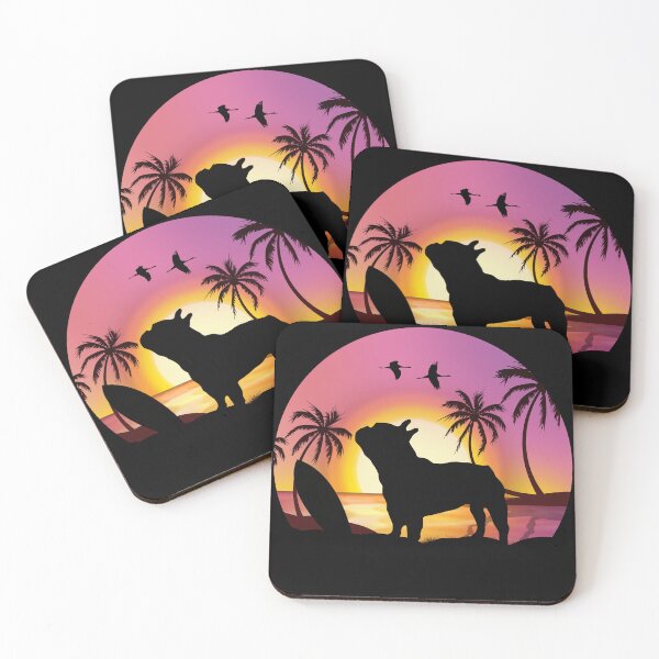 Item preview, Summer for French lovers, French bulldog and beach, sunset, plam tree, surfing designed and sold by Collagedream.