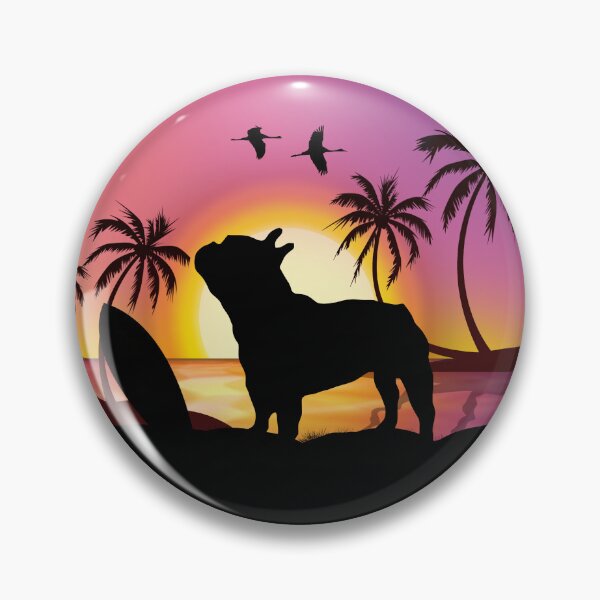 Item preview, Summer for French lovers, French bulldog and beach, sunset, plam tree, surfing designed and sold by Collagedream.