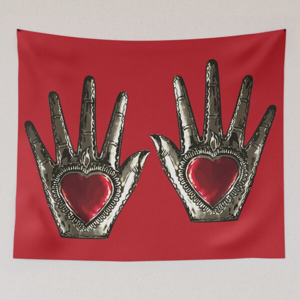 Item preview, Mexican folk art tin hands red sacred hearts tin work oaxaca milagrito boho chic decoration designed and sold by T-Mex.