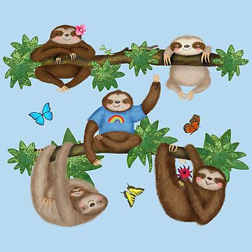 Artwork thumbnail, Cute Sloths and Butterflies in a Forest (Blue) by LeopardyNonsense