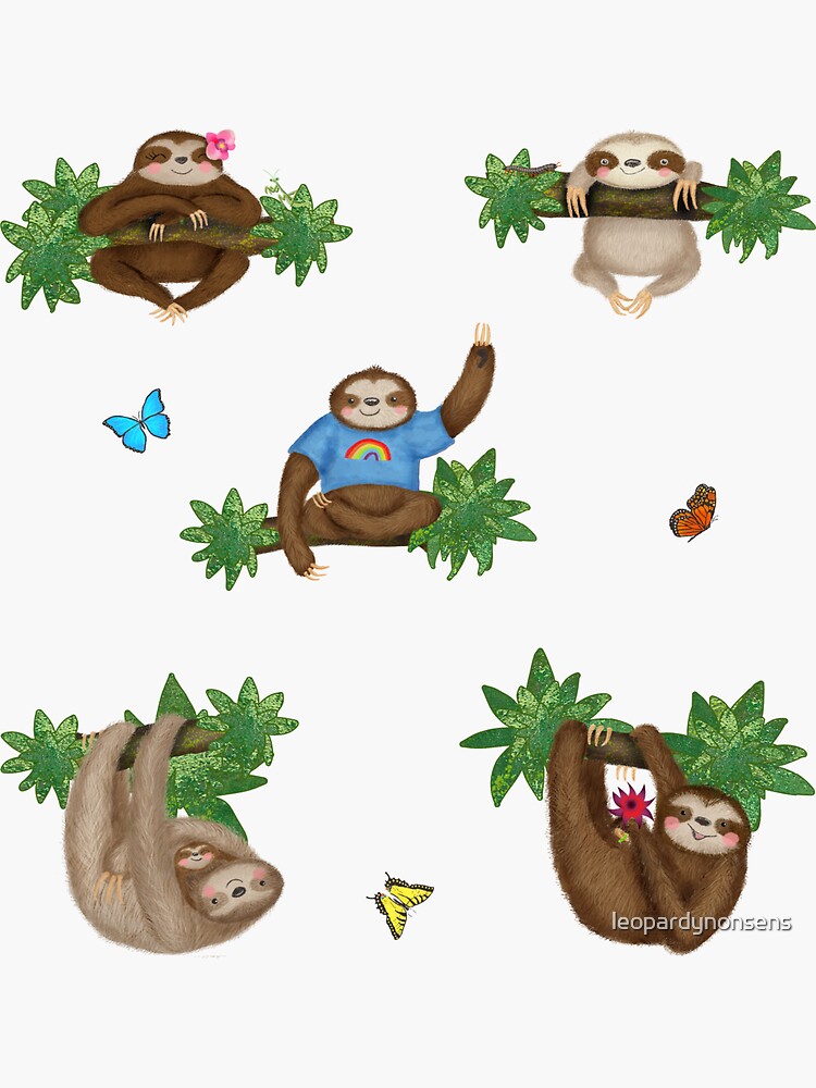 Thumbnail 3 of 3, Sticker, Cute Sloths and Butterflies in a Forest (Blue) designed and sold by leopardynonsens.
