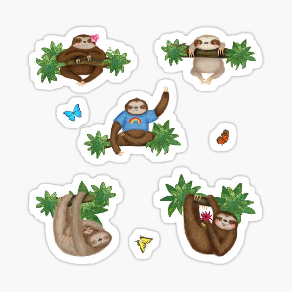 Cute Sloths and Butterflies in a Forest (Blue) Sticker