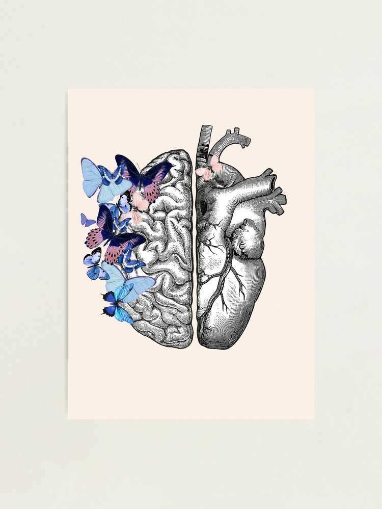 Right balance between brain and heart, blue butterflies, watercolor |  Photographic Print