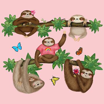 Artwork thumbnail, Cute Sloths and Butterflies in a Forest (Pink) by LeopardyNonsense