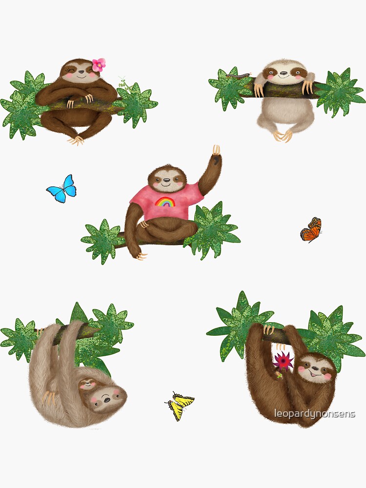 Thumbnail 3 of 3, Sticker, Cute Sloths and Butterflies in a Forest (Pink) designed and sold by leopardynonsens.