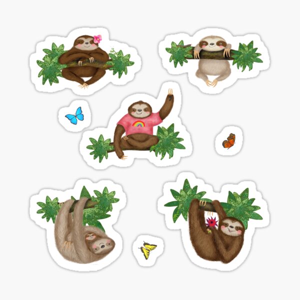 Cute Sloths and Butterflies in a Forest (Pink) Sticker