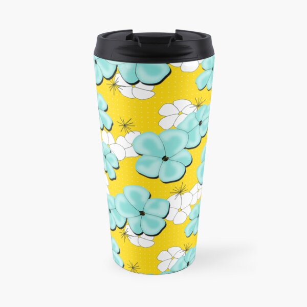 Painted Poppies - Aqua and White on Yellow Travel Coffee Mug