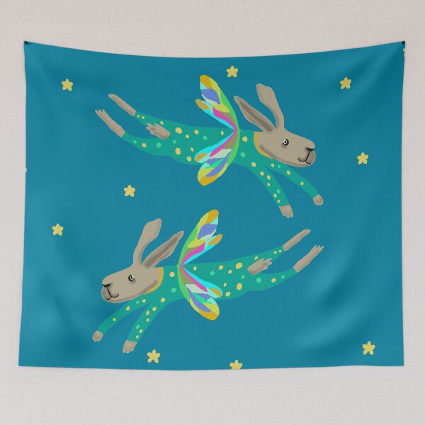 Item preview, Flying on a starry night whimsical bunnies designed and sold by LynseysArtShop.