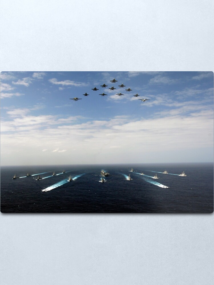 Alternate view of Aircraft fly over a group of U.S. and Japanese Maritime Self-Defense Force ships. Metal Print