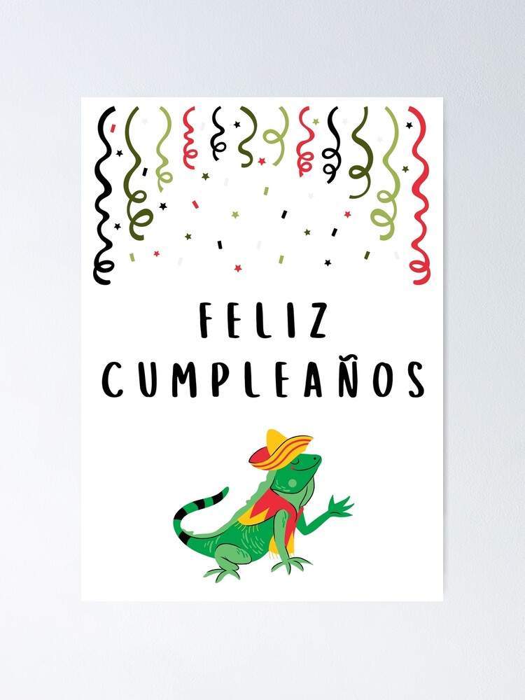 Feliz cumpleaños (happy birthday in Spanish) (tarjeta de cumpleaños)  traditional Mexican design (iguana with poncho and sombrero Mexican hat)  Spanish