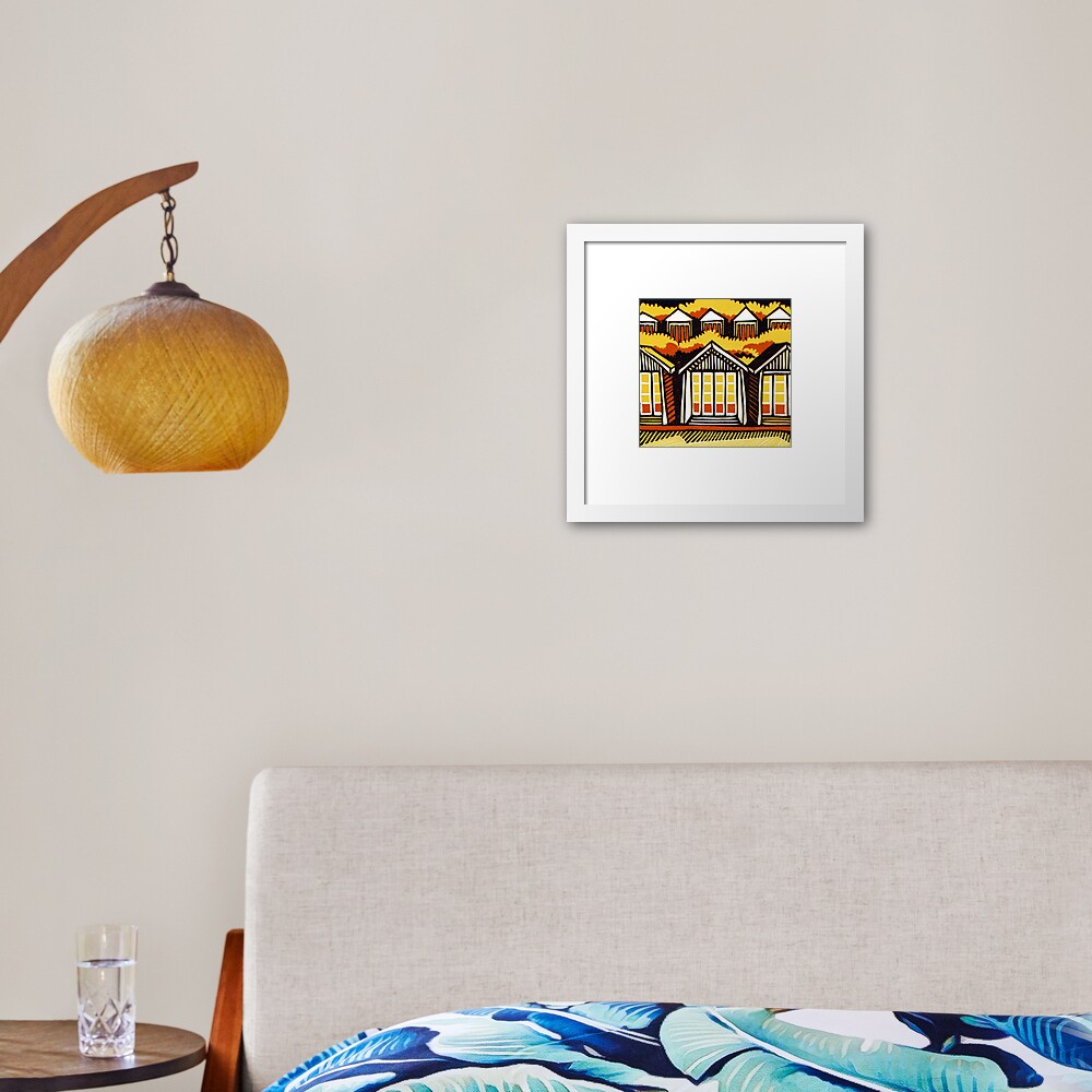 Beach Huts - Summer - Original Linocut by Francesca Whetnall Framed Art Print