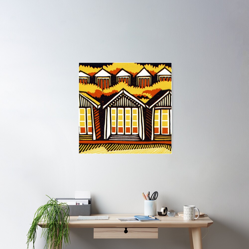 Beach Huts - Summer - Original Linocut by Francesca Whetnall Poster