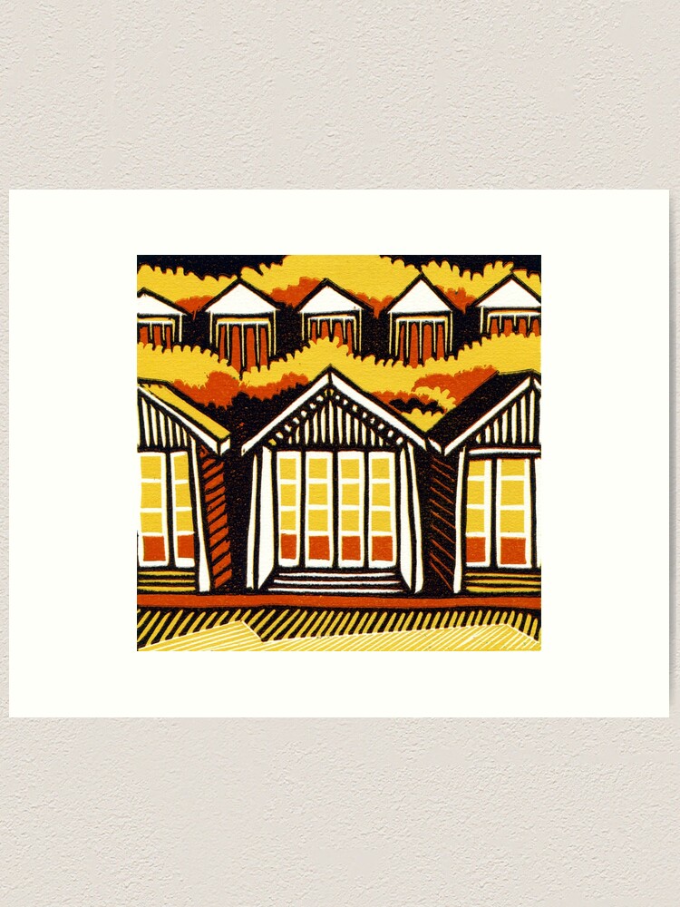 Thumbnail 1 of 3, Art Print, Beach Huts - Summer - Linocut by Francesca Whetnall designed and sold by Cecca-Designs.