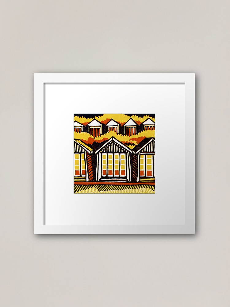 Alternate view of Beach Huts - Summer - Original Linocut by Francesca Whetnall Framed Art Print