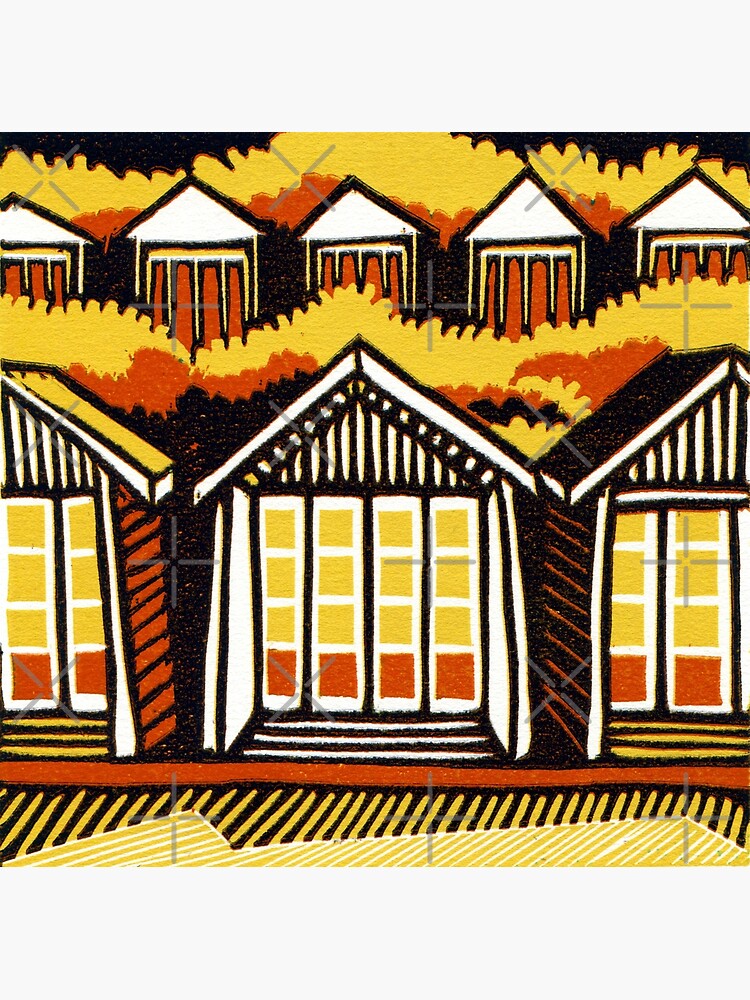 Thumbnail 3 of 3, Art Print, Beach Huts - Summer - Linocut by Francesca Whetnall designed and sold by Cecca-Designs.