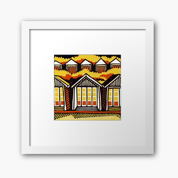Beach Huts - Summer - Original Linocut by Francesca Whetnall Framed Art Print