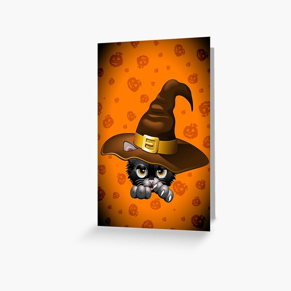 Black Kitty Cartoon With Witch Hat Greeting Card