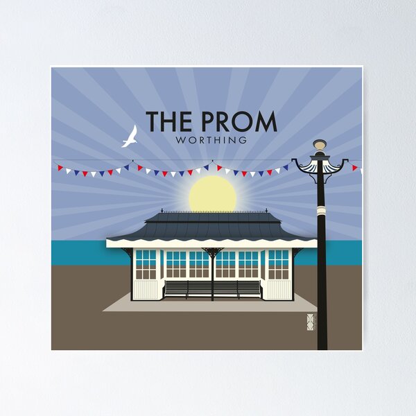 The Prom, Worthing Promenade. Vintage style architecture illustration and gifts Poster
