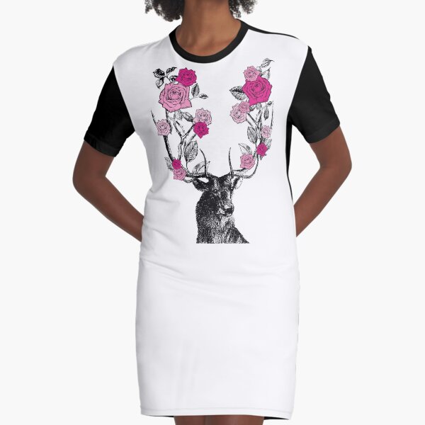 The Stag and Roses | Deer and Roses | Stag and Flowers | Deer and Flowers | Vintage Stag | Antlers | Woodland | Highland | Pink | Graphic T-Shirt Dress