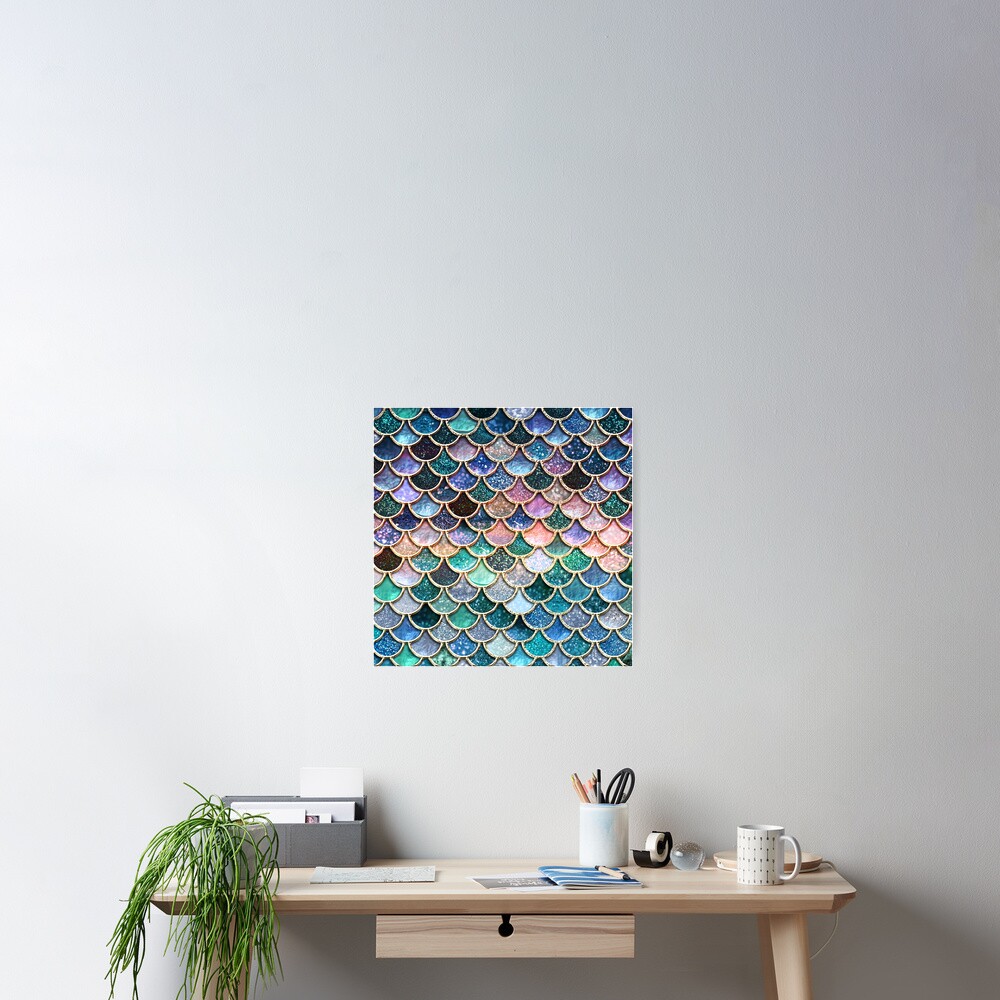 Teal, Silver and Pink Sparkle Faux Glitter Mermaid Scales Poster