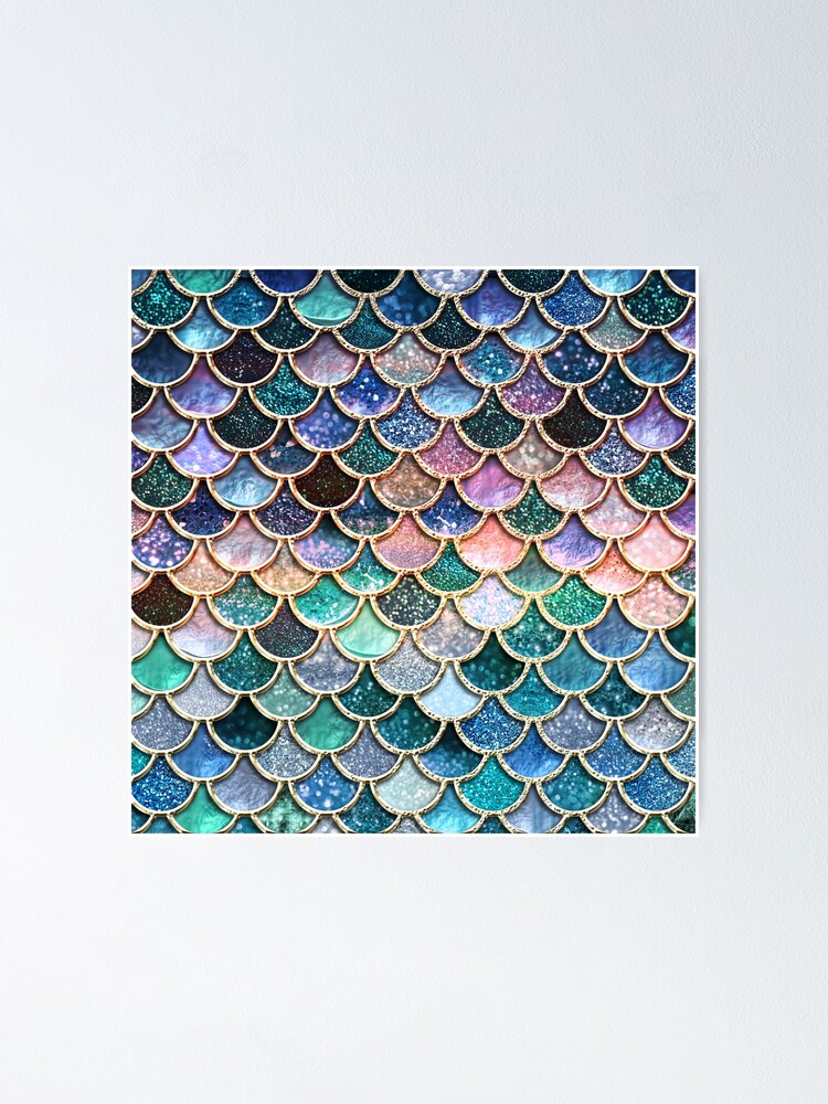 Alternate view of Teal, Silver and Pink Sparkle Faux Glitter Mermaid Scales Poster