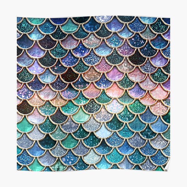 Teal, Silver and Pink Sparkle Faux Glitter Mermaid Scales Poster