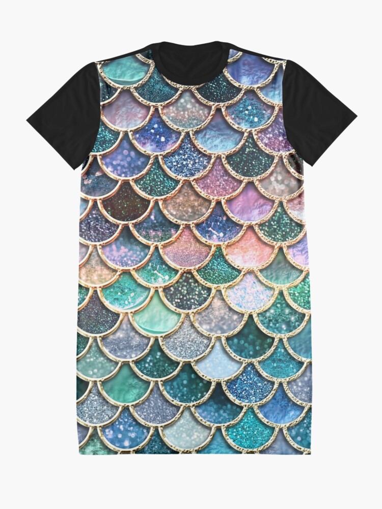 Alternate view of Teal, Silver and Pink Sparkle Faux Glitter Mermaid Scales Graphic T-Shirt Dress
