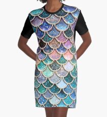 Teal, Silver and Pink Sparkle Faux Glitter Mermaid Scales Graphic T-Shirt Dress