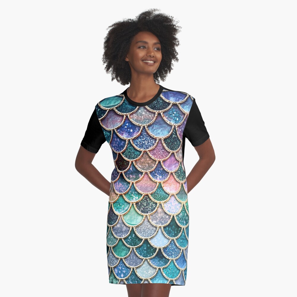 Teal, Silver and Pink Sparkle Faux Glitter Mermaid Scales Graphic T-Shirt Dress