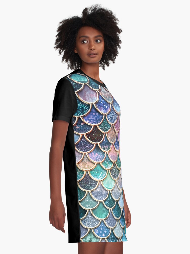 Alternate view of Teal, Silver and Pink Sparkle Faux Glitter Mermaid Scales Graphic T-Shirt Dress