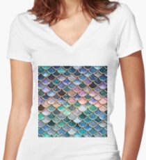 Teal, Silver and Pink Sparkle Faux Glitter Mermaid Scales Women's Fitted V-Neck T-Shirt