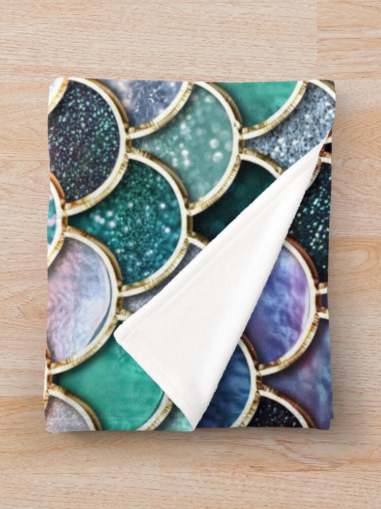 Alternate view of Teal, Silver and Pink Sparkle Faux Glitter Mermaid Scales Throw Blanket