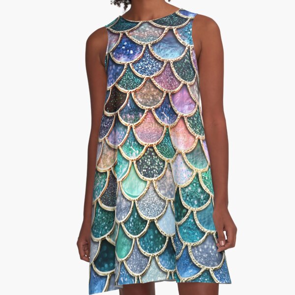 Teal, Silver and Pink Sparkle Faux Glitter Mermaid Scales A-Line Dress