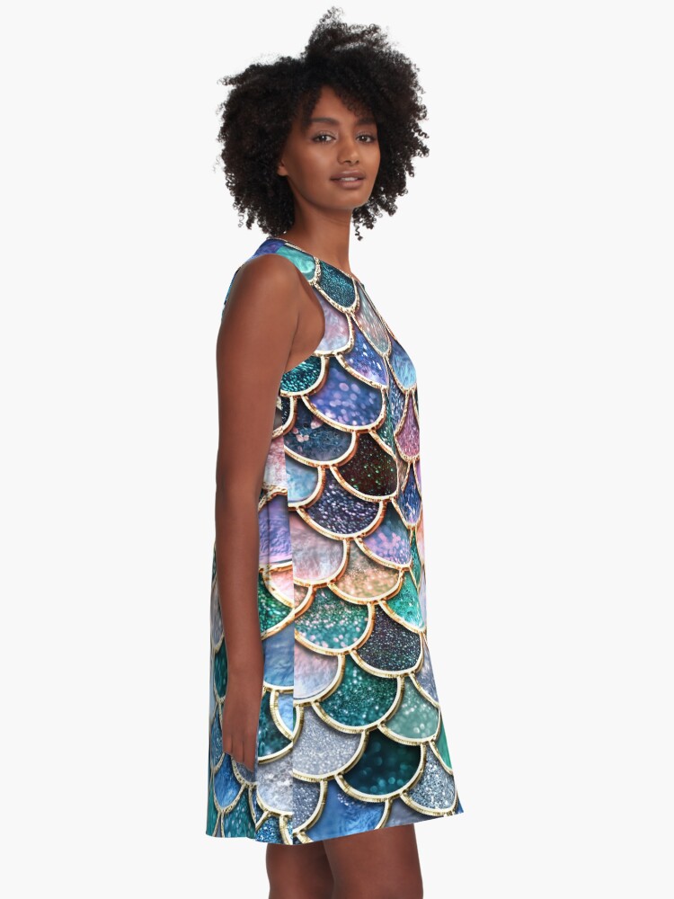 Alternate view of Teal, Silver and Pink Sparkle Faux Glitter Mermaid Scales A-Line Dress