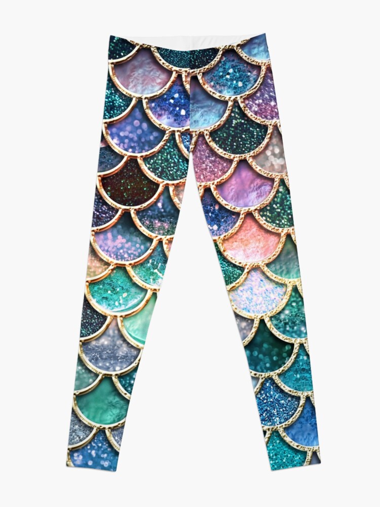 Alternate view of Teal, Silver and Pink Sparkle Faux Glitter Mermaid Scales Leggings